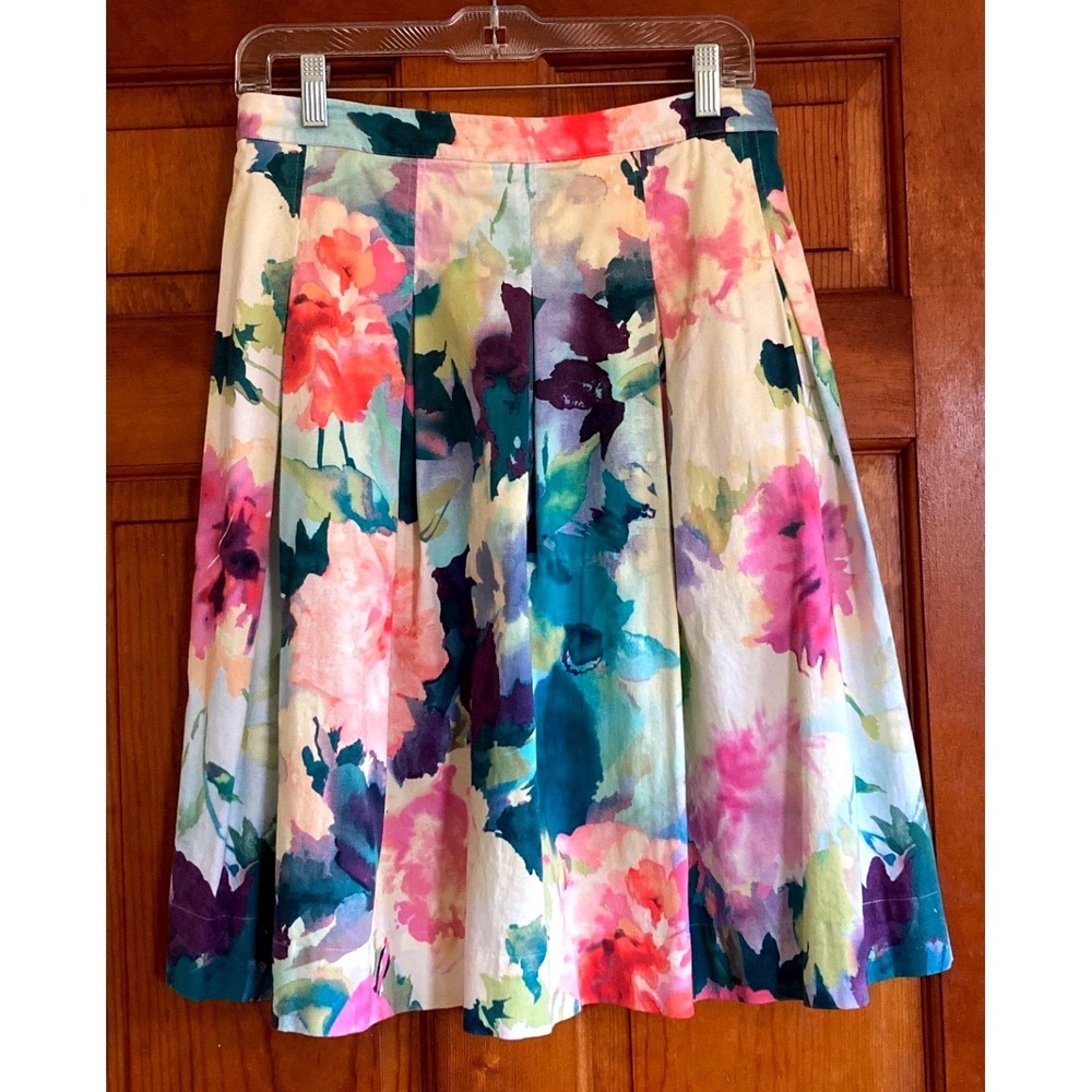 Soft Surroundings Womens S Multi Floral Pleated Pockets A-Line Skirt Modest Art